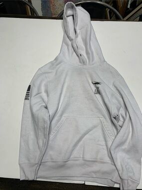 White Pullover Hoodie with Small Chest Logo and Sleeve Print